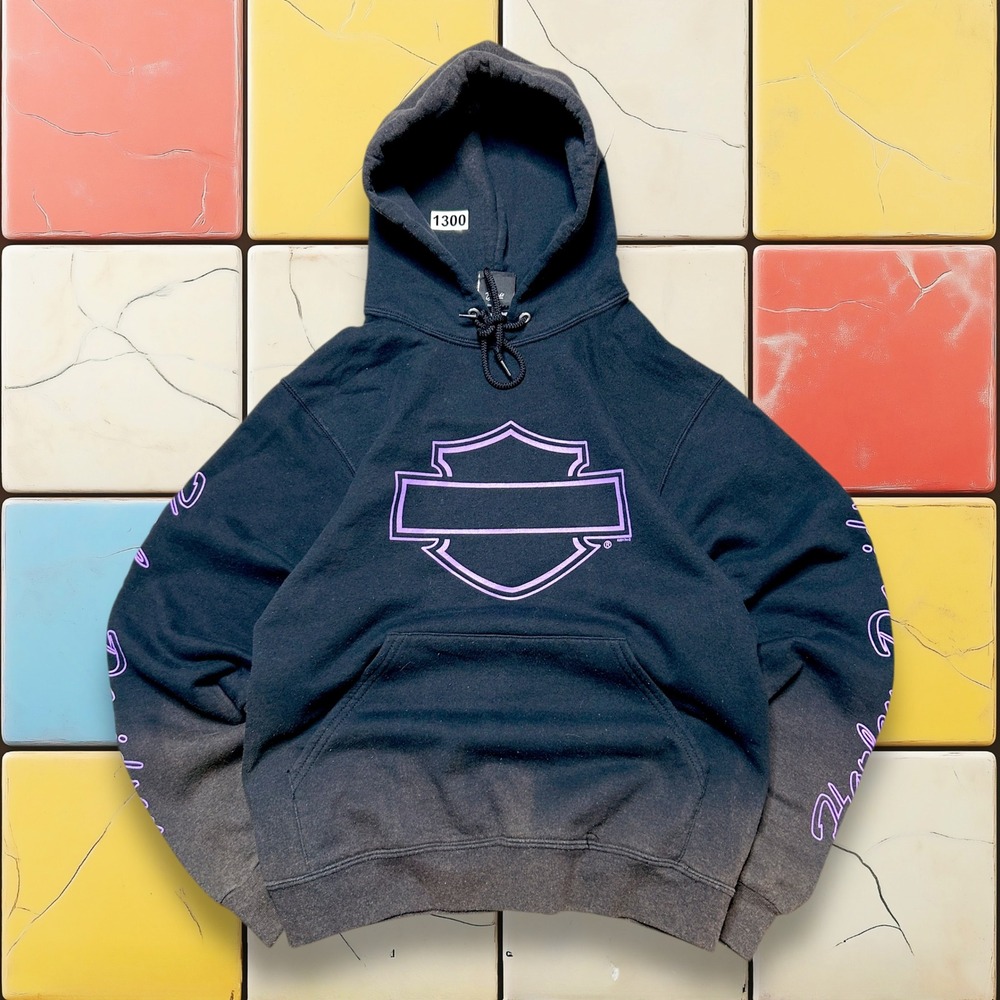 VTG Harley Davidson Faded Hoodie Sweatshirt Y2K Woman S Black‎ Purple Pullover